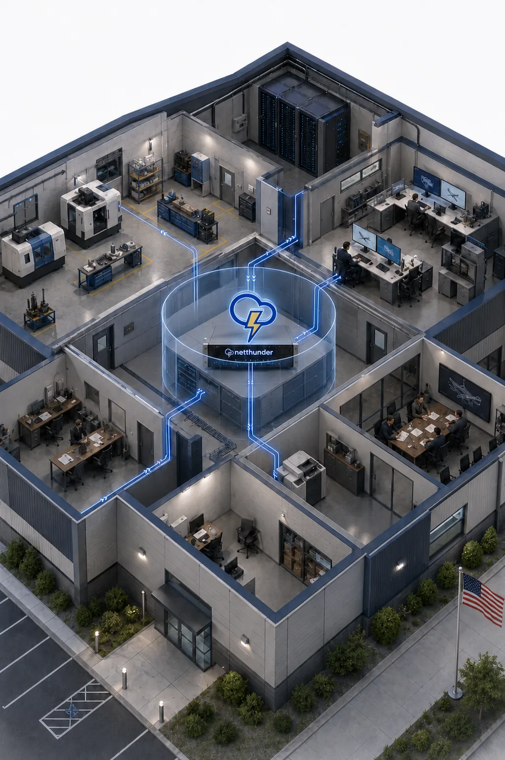 Cutaway illustration of a customer facility with engineering, manufacturing, office, and server areas connected to a central NetThunder SecureEnclave™.