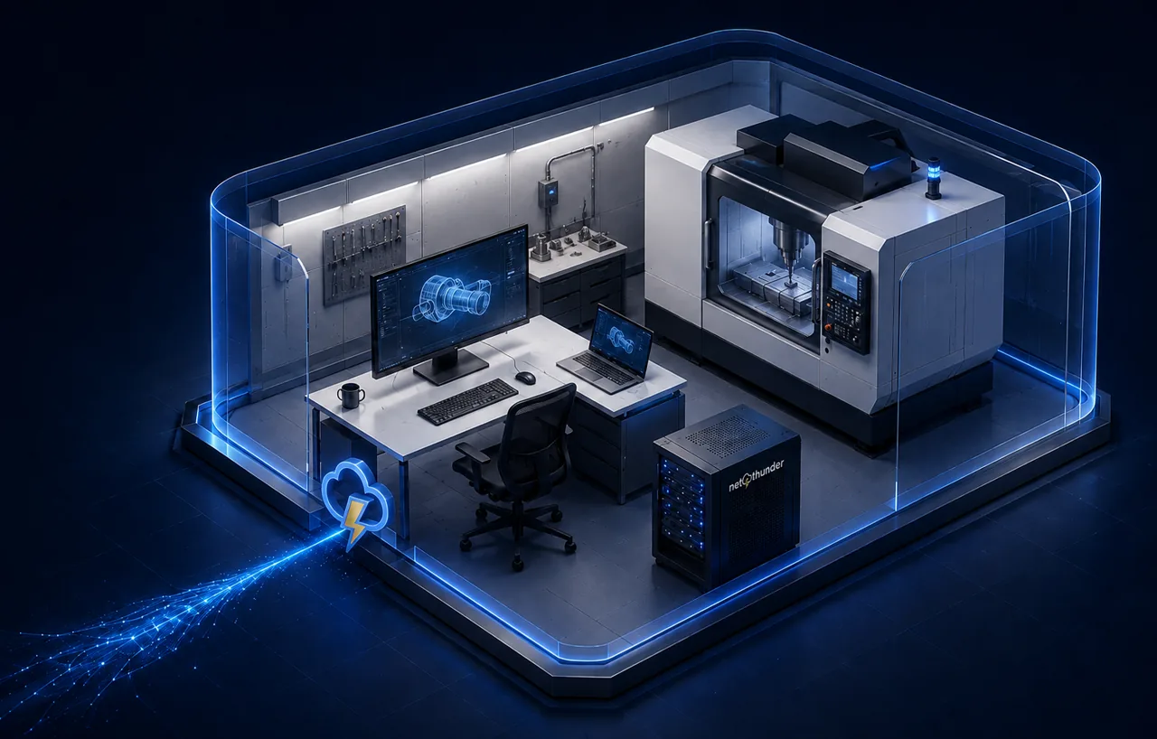 Illustration of an engineering workspace with a workstation, manufacturing machine, and local server inside a defined SecureEnclave™ boundary.